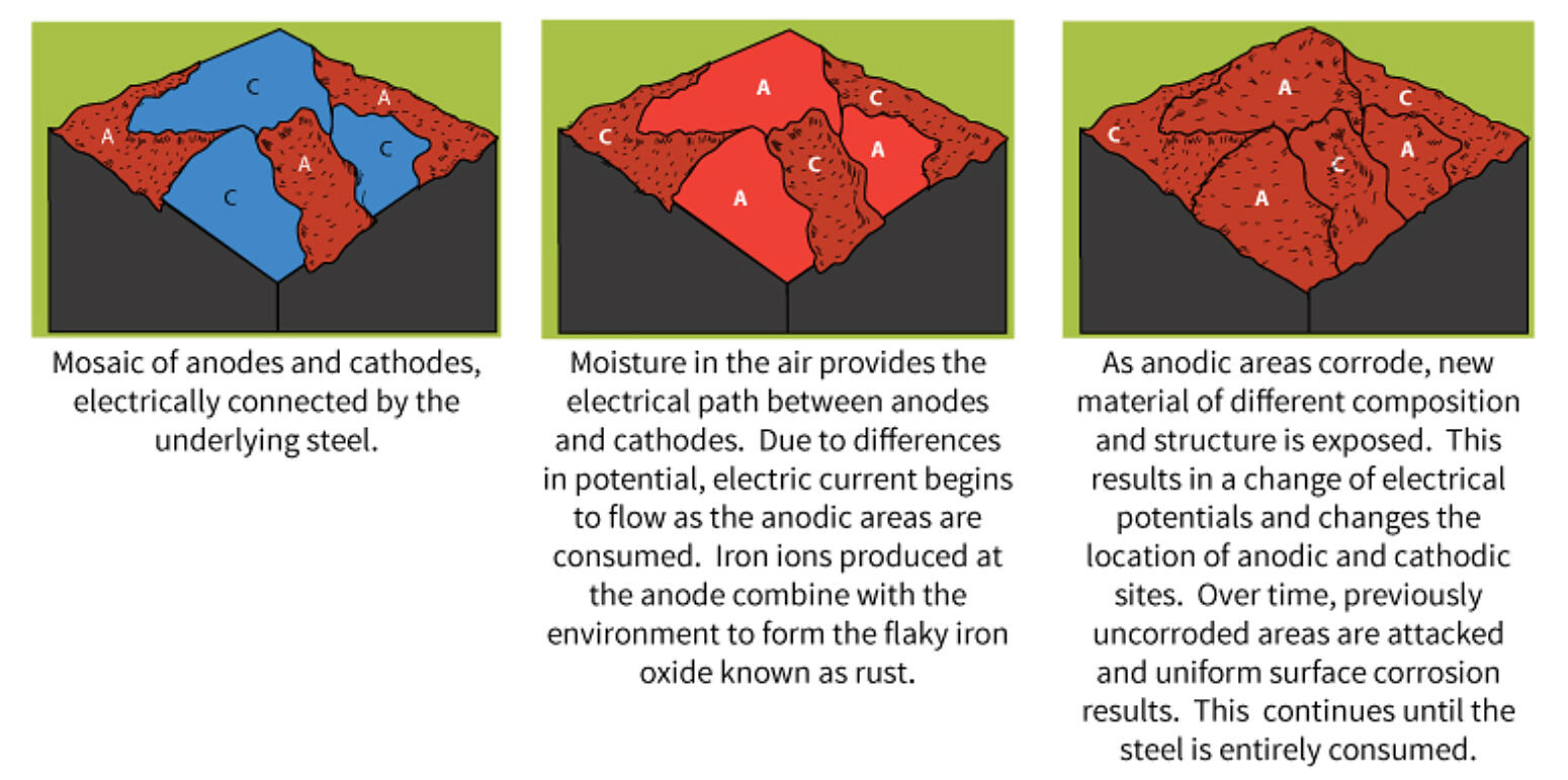 process of bare steel corrosion and conversion of anodic and cathodic areas