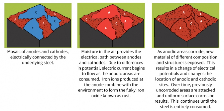 process of bare steel corrosion and conversion of anodic and cathodic areas